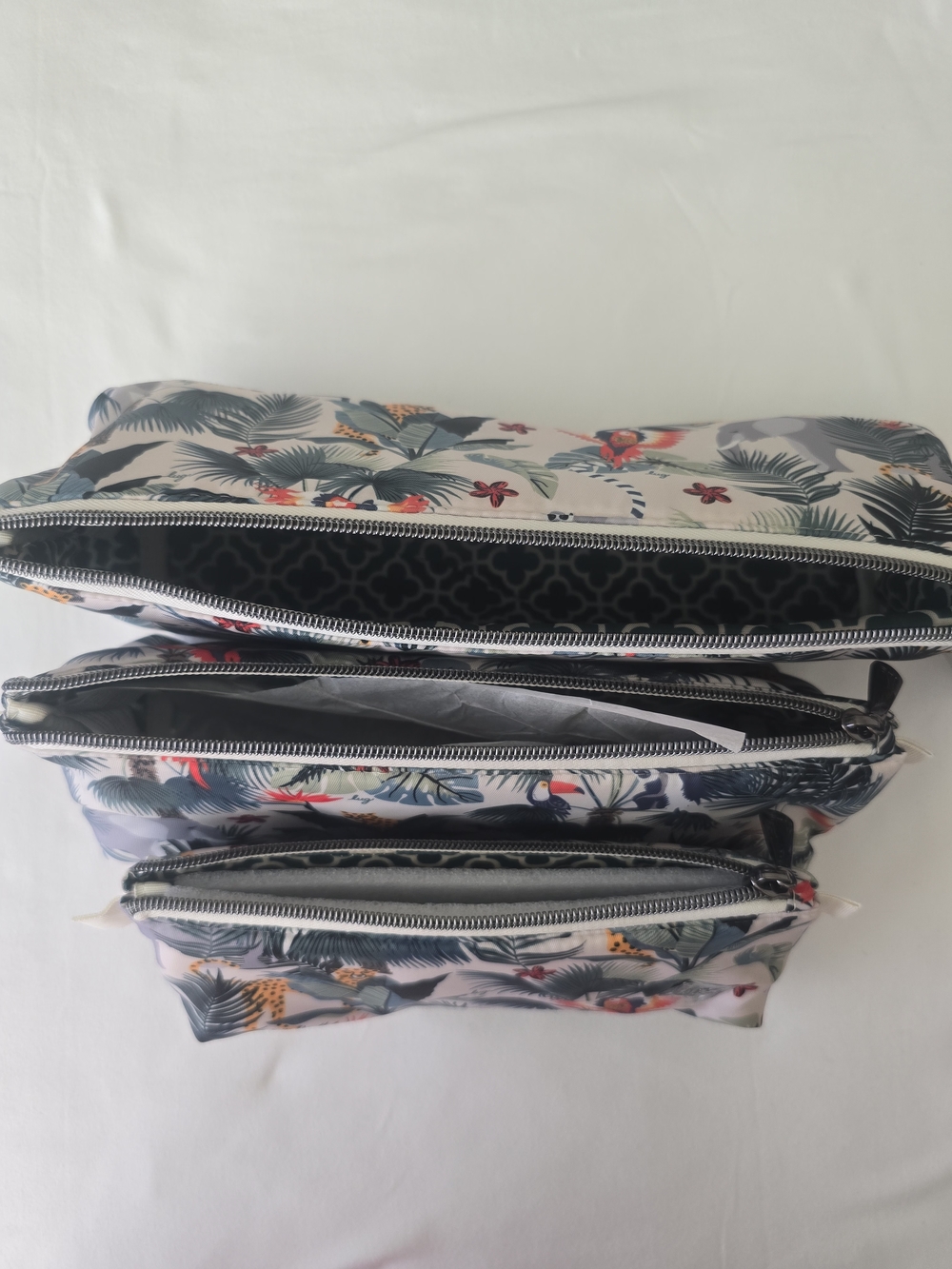 Tropical Print 3 Piece Cosmetic Pouch Set - Wildlife Cream - Picture 6 of 16